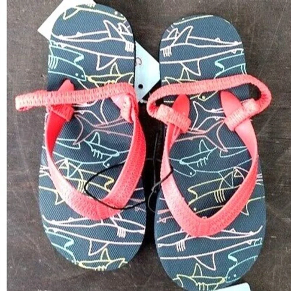 Cat Jack Kids Flip Flops Sandals Shark Print Red‎ Strap Size L 910